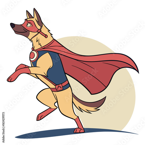 Cartoon Dog Super Hero Leaping Into Action Wearing a Cape and Mask
