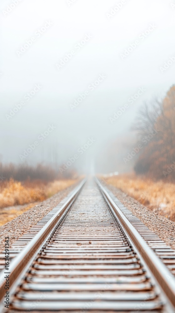 Fototapeta premium Misty Autumn Railway Tracks Vanishing into Foggy Horizon: A Serene Rural Journey Through a Tranquil, Atmospheric Landscape with Leading Lines