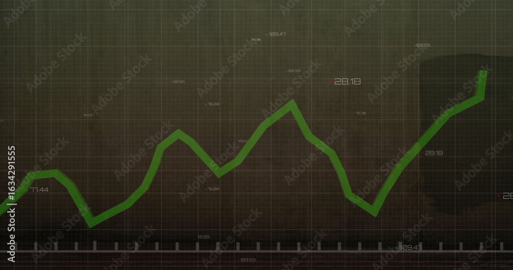 Naklejka premium Displaying green line chart zigzagging on financial chart grid, with numeric labels, mug silhouette