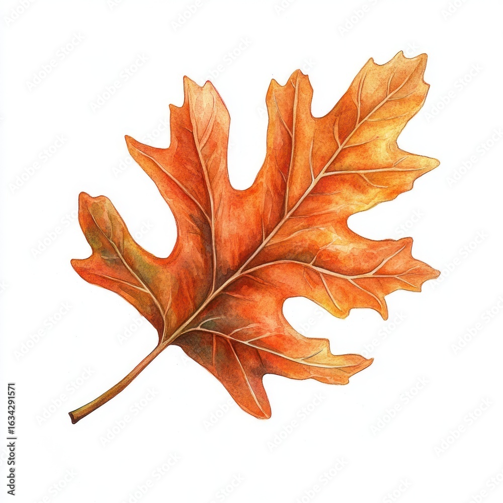 Fototapeta premium Autumn orange oak leaf illustration watercolor nature.