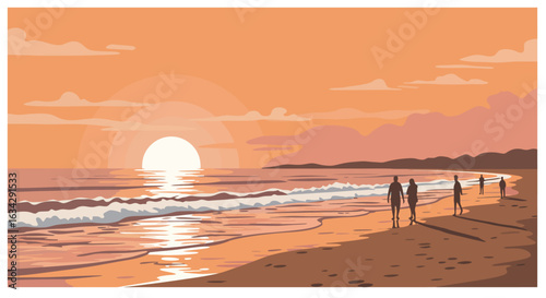 A digital illustration shows silhouettes of people walking on a beach at sunset with an orange sky and rolling waves.
