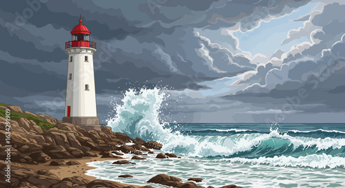A lighthouse stands tall on a rocky coast as waves crash against the shore under a dramatic, cloudy sky.
