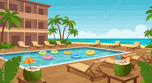 Tropical resort with swimming pool by the beach illustration