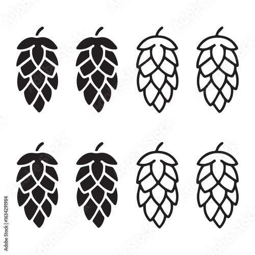 A set of eight minimalist hop cone illustrations on a white background.