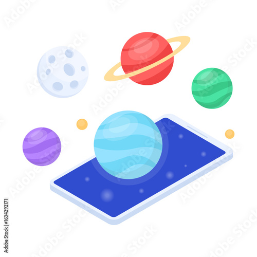 Isometric Smartphone Displaying Augmented Reality Solar System Planets for Science Education and Space Exploration Apps Concept Illustration
