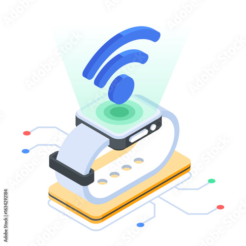 Isometric Smartwatch Displaying Wireless Internet Connectivity and Digital Network Data Flow