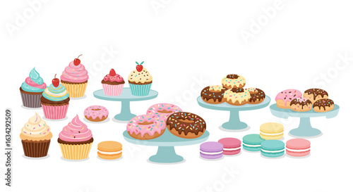 Colorful dessert assortment with illustrated cupcakes, donuts, and macarons