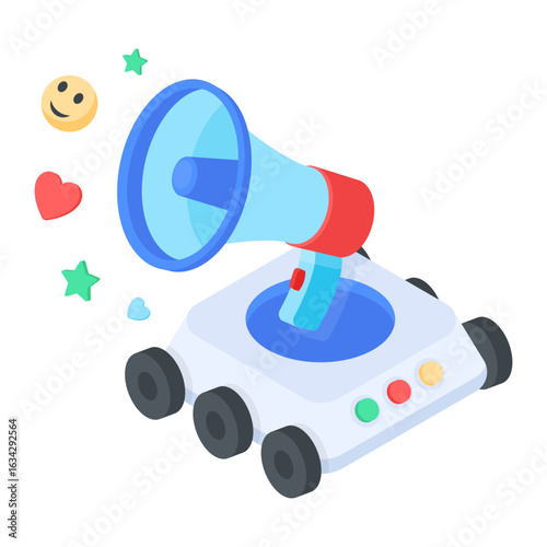 Digital Marketing Robot with Megaphone Broadcasting Social Media Engagement Isometric Illustration