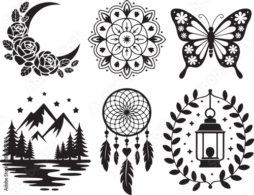 Whimsical graphic elements: moon, butterfly, nature, mandala, lantern