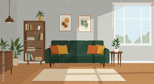 Cozy modern living room interior with furniture and window light. Flat design vector illustration.