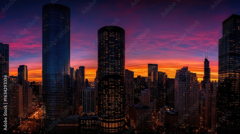 Fototapeta premium City skyline at colorful sunrise.