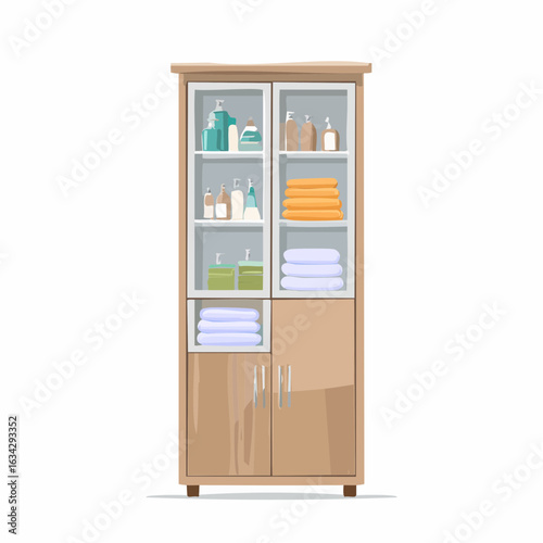 Ein schlanker, hoher Schrank mit mehreren geschlossenen Fächern – ideal zur Aufbewahrung von Handtüchern und Pflegeprodukten.