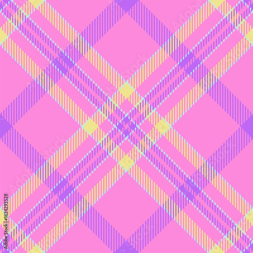 Household fabric check background, sparse pattern plaid textile. Trendy tartan vector seamless texture in pink and violet colors.