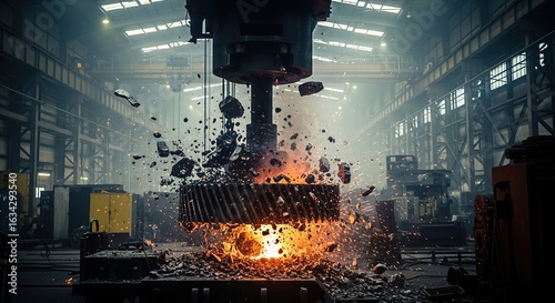 Gigapixel view showcases industrial forging with heat and airborne rock fragments in a workshop