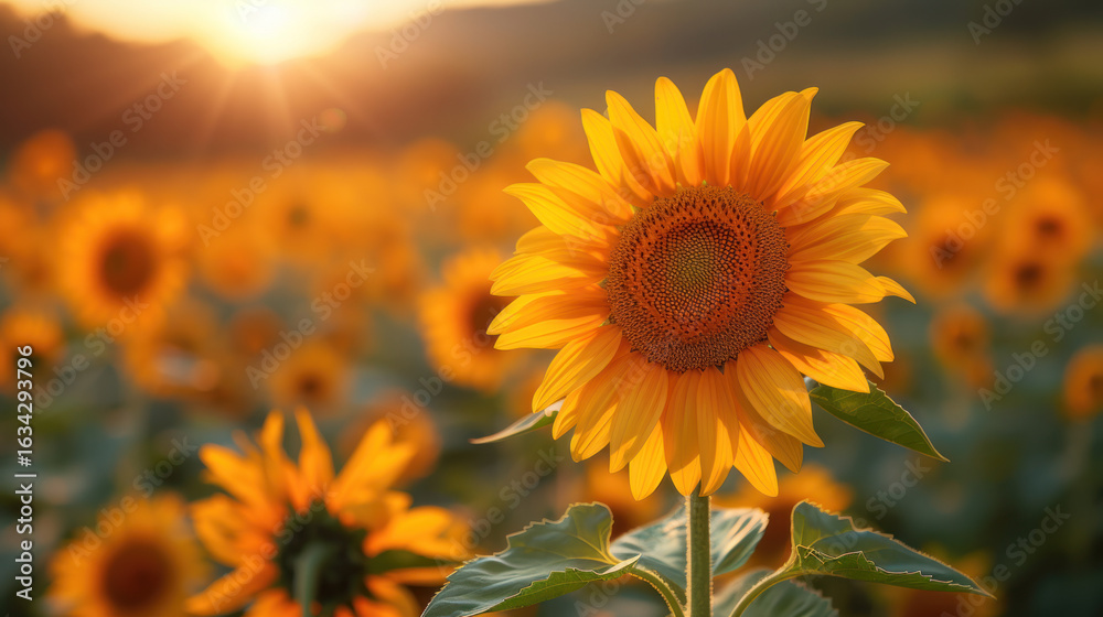 Fototapeta premium Vibrant sunflower blooms basking in the golden glow of the setting sun in a field of summer beauty.