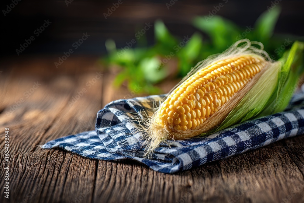 Fototapeta premium Fresh corn on the cob rests on a checkered cloth on a rustic wooden table