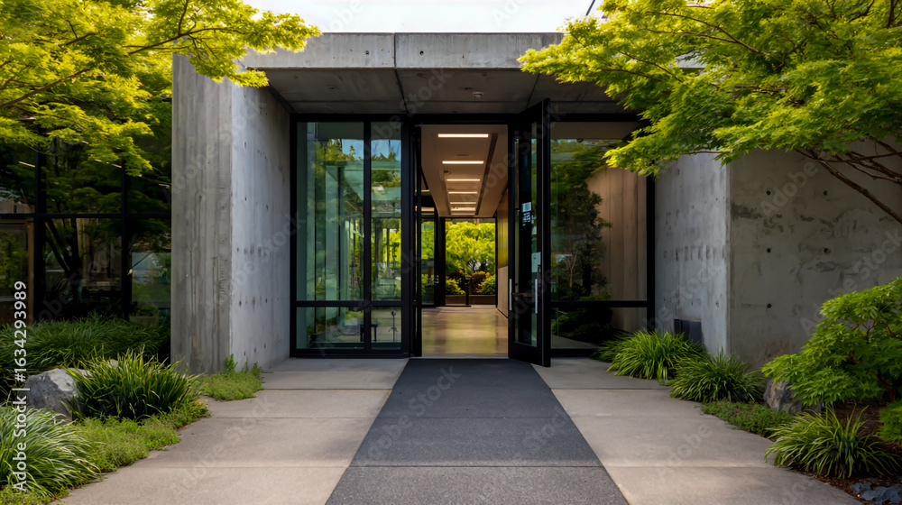 Obraz premium A modern entrance to an office building with large glass doors and concrete walls, surrounded by lush greenery and shrubs