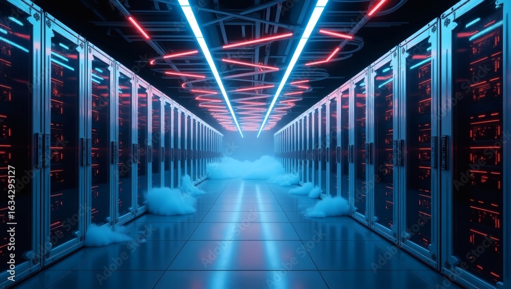 Fototapeta premium futuristic data center with rows of servers illuminated by neon lights