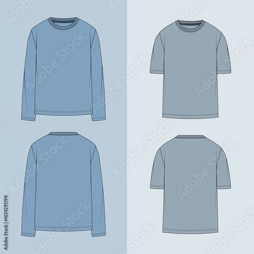 T shirt template, Short sleeve & Full Sleeve T Shirt flat sketch, Long sleeve crew neck tee, Short sleeve classic tee designed.