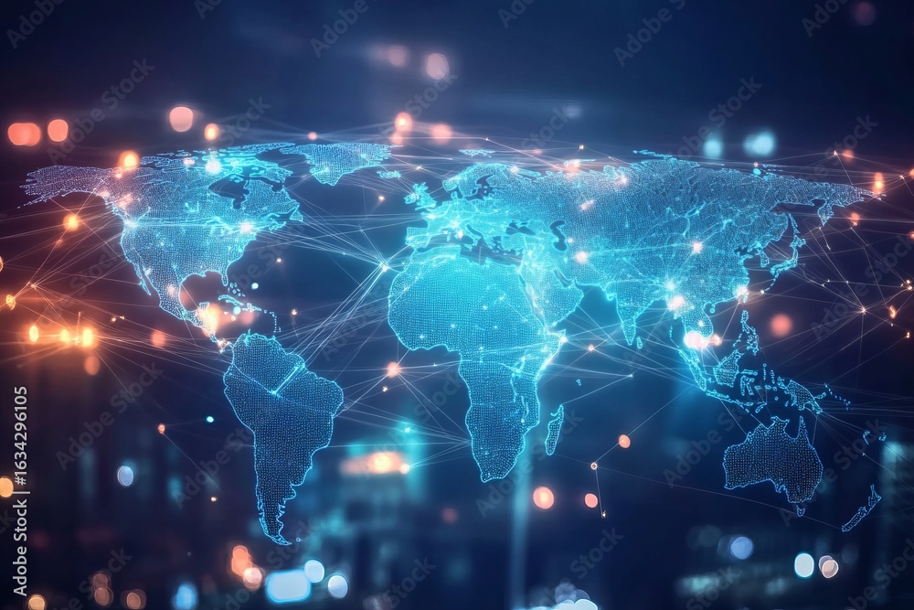 Obraz premium Futuristic digital world map with glowing blue network connections over cityscape representing global communication and data exchange