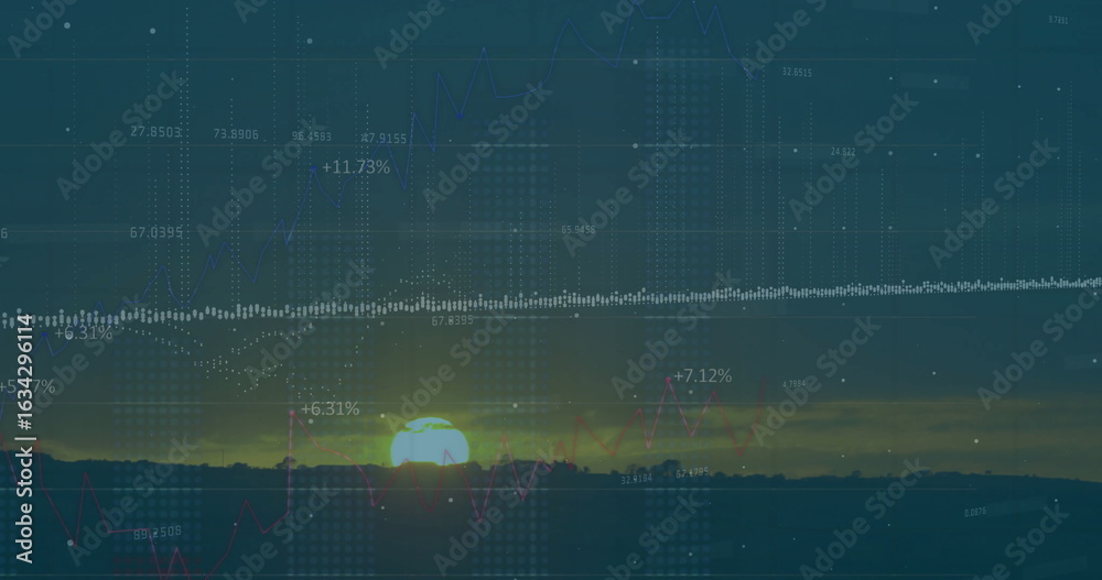Obraz premium Rising sun disk glowing above mountain ridge silhouette at dusk, with financial data overlays