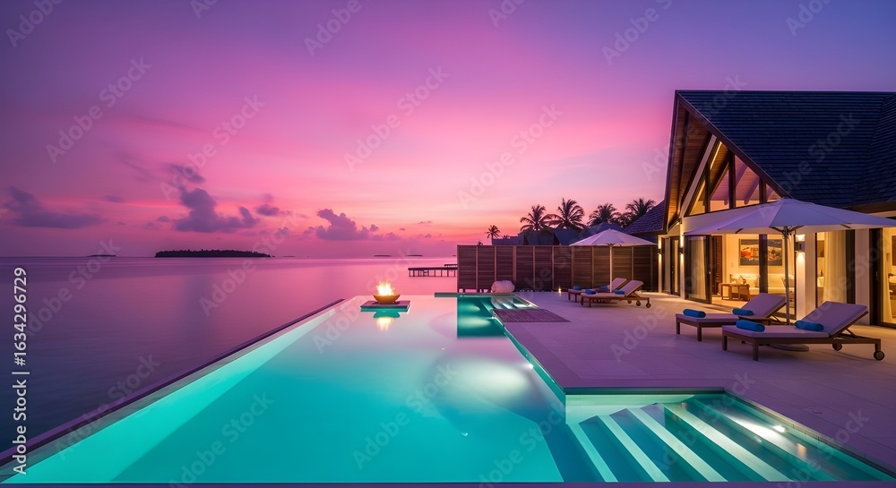 Fototapeta premium Luxury Beachfront Villa with Infinity Pool at Twilight | Tropical Resort Destination for Honeymoon, Vacation Rental, and High-End Travel Marketing