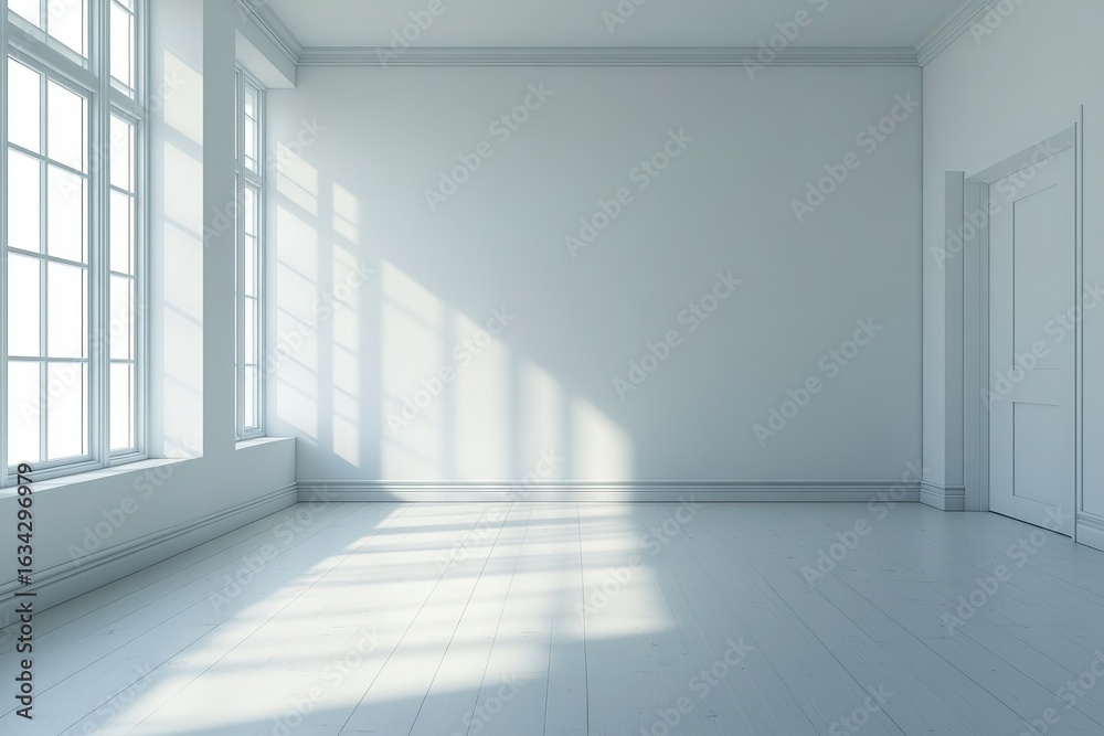 Fototapeta premium Bright empty white room with large windows casting soft natural light and shadows on minimalist clean walls and floor