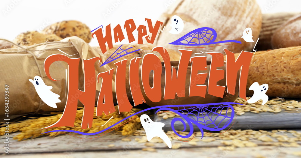 Naklejka premium Decorating Happy Halloween graphic overlaying wood table, with baguettes paper bag and wheat grains