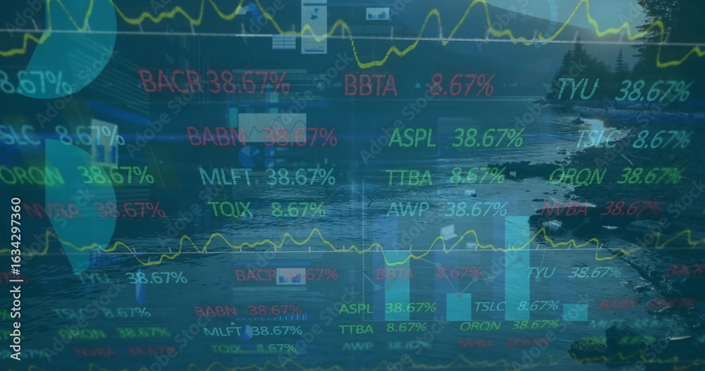 Fototapeta premium Displaying financial data overlay on mountain lake shore, with ticker symbols, line and bar charts