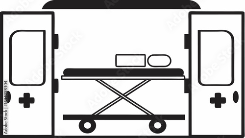 Ambulance interior with open doors and a patient on a stretcher ready for transport to hospital care silhouette