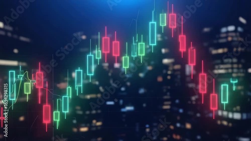 Dynamic digital stock market graph with neon candlestick charts and blurred city lights captures volatile financial trading trends and global economic shifts.