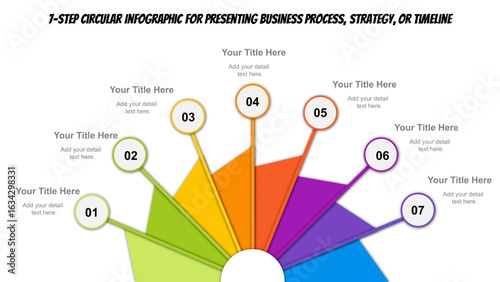 7 Step Colorful Radial Infographic Diagram Vector for PowerPoint Presentations, Business Timeline, Marketing Strategy, Workflow Process, Project Planning, and Data Visualization Slides