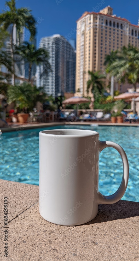 Naklejka premium Empty white mug by pool, city view