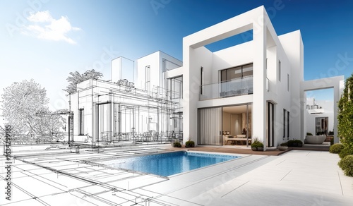 Architectural rendering of a modern house with blueprint overlay