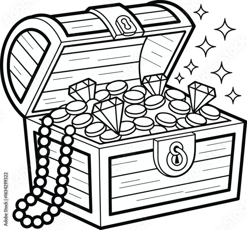 A treasure chest filled with gold coins diamonds and a pearl necklace outline