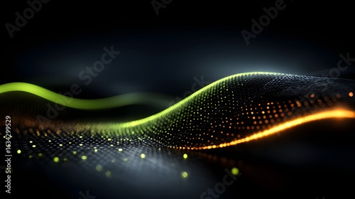 Abstract wavy lines with glowing particles against a dark background create depth.