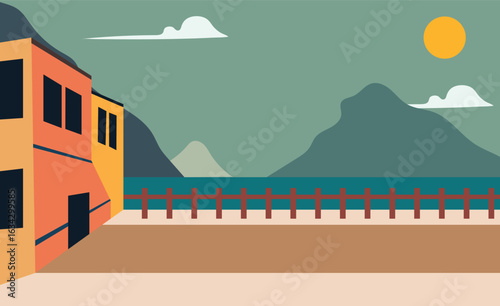 A simple scene with a coastal bridge and distant mountain silhouettes under a muted sky, offering a sense of travel and openness.