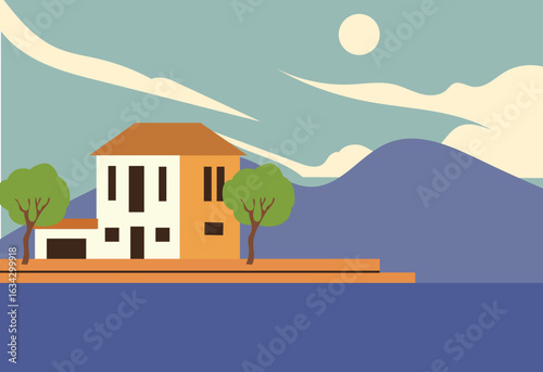 A line of terracotta-roofed houses sits peacefully near the shoreline with hills in the distance and calm blue waters in the foreground.