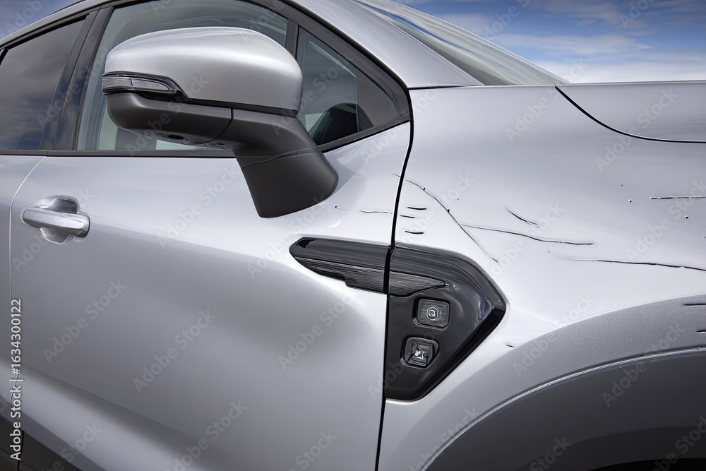Fototapeta premium Close-up of a damaged silver SUV side