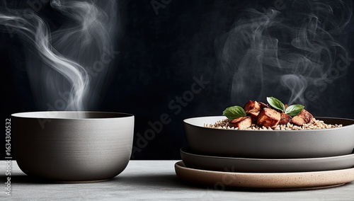 Gray bowls of steaming food