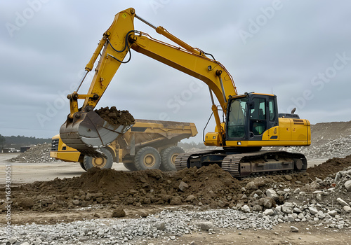 Wallpaper Mural Large Yellow Excavator Loading a Dump Truck at a Construction Site Torontodigital.ca