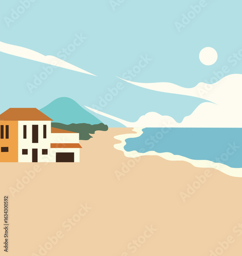 A beachside house with soft pastel tones, green hills, and a bright sky in the background.
