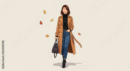 Chic woman in trench coat and jeans walking confidently amidst falling autumn leaves, embodying stylish seasonal flair.