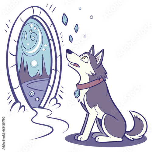 Husky Gazing at a Magical Portal with Crystals and a Dreamy Landscape