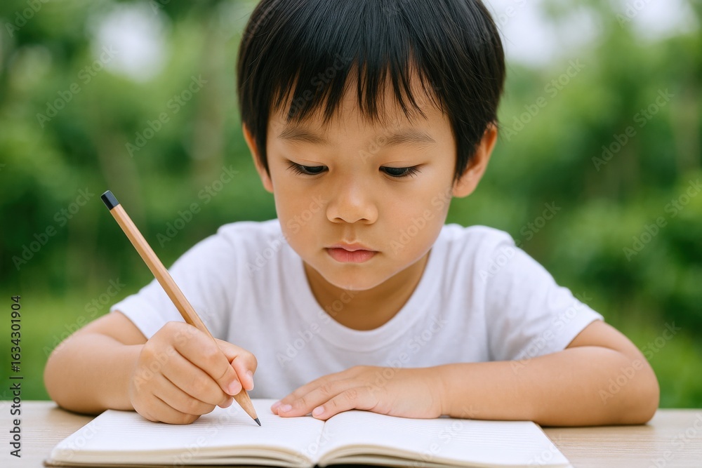 Young Asian Boy Concentrating on Writing in Notebook Outdoors with Natural Green Background Young Asian Boy Concentrating on Writing in Notebook Outdoors with Natural Green Background