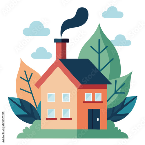 House with chimney smoke shaped like leaves
