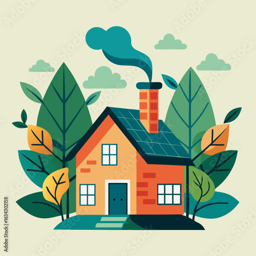 House with chimney smoke shaped like leaves