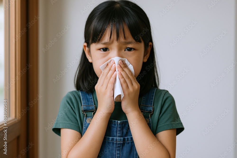 Sick Asian Little Girl Holding Tissue to Nose, Suffering From Cold or Allergy Symptoms Sick Asian Little Girl Holding Tissue to Nose, Suffering From Cold or Allergy Symptoms