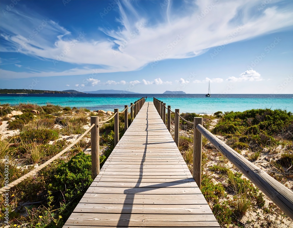 Obraz premium Wooden boardwalk leading to turquoise sea