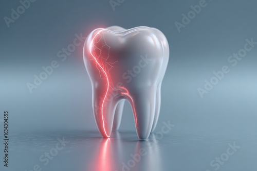 Close-up of a tooth with glowing red lines, representing a dental problem